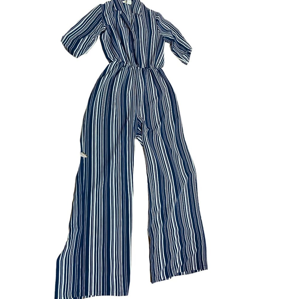 Bonded Womens Jumpsuit Small Navy White Striped Elastic Wais Wide-Leg Boho